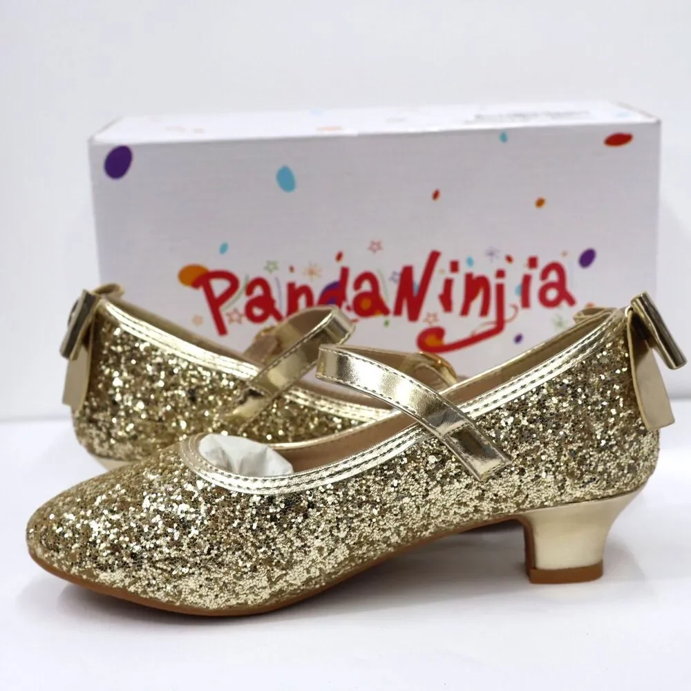 PANDANINJIA Girls Heels, Dress Shoes for Girls, Mary Jane Gold, Sequin SIZE 3